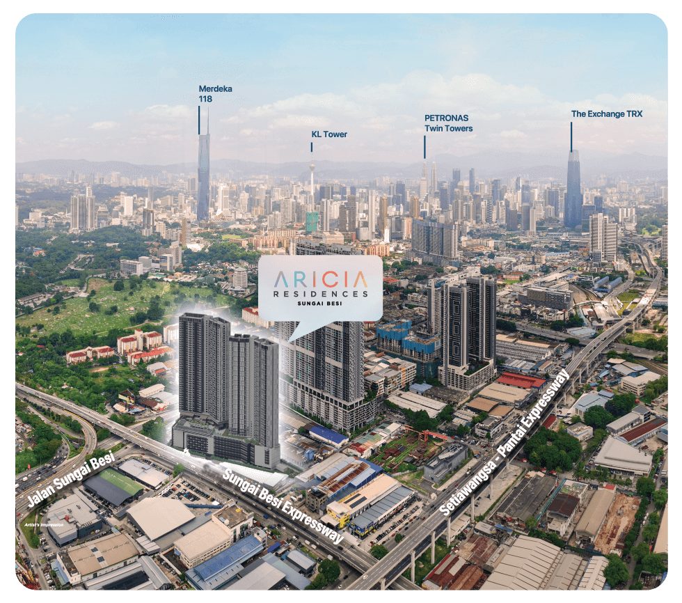 Aricia Residences aerial view at Chan Sow Lin with the Kuala Lumpur skyline, Merdeka 118 and TRX