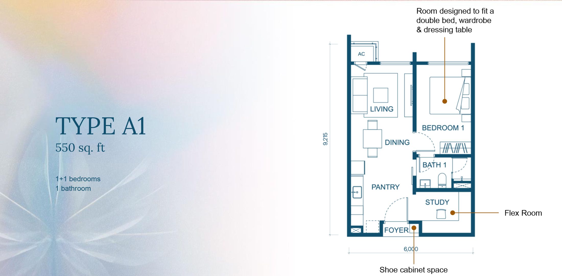 Aricia Residences Type A 1+1 Bedroom floor plan, 550 sq ft
