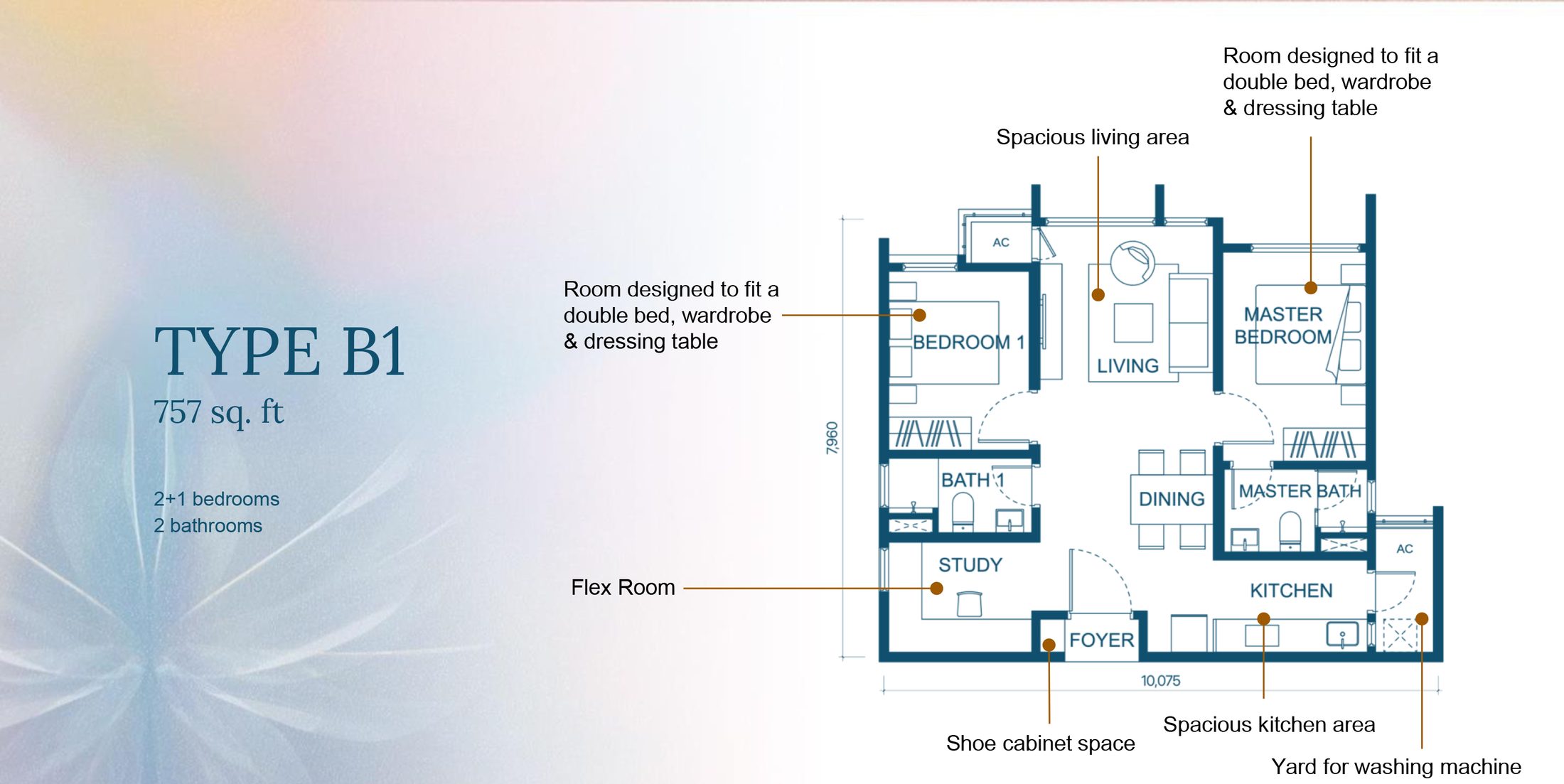 Aricia Residences Type B 2+1 Bedroom floor plan, 757 sq ft