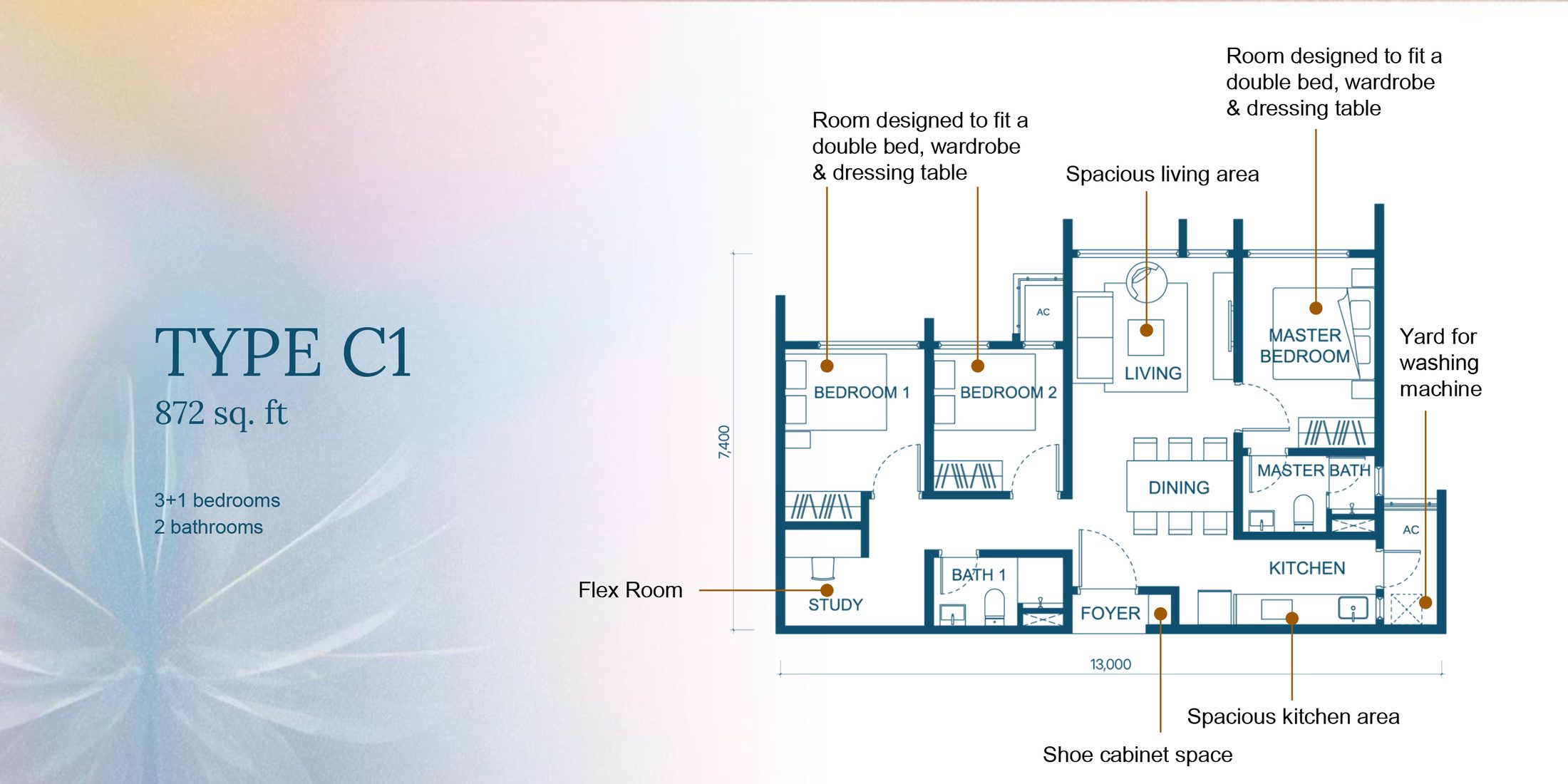 Aricia Residences Type C 3+1 floor plan, 872 sq ft