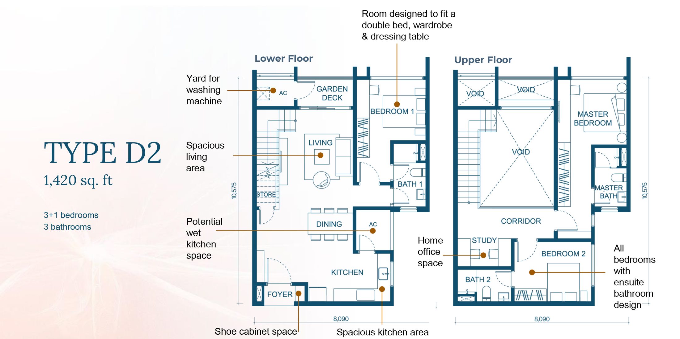 Aricia Residences Type D2 3+1 Sky Duplex floor plan, 1,420 sq ft